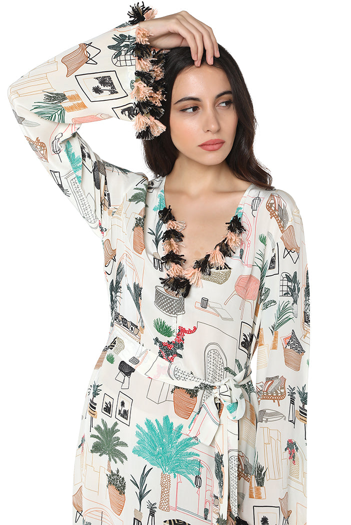 White Colour Printed Art Crepe Kaftan