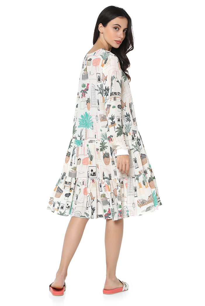 White Colour Printed Crepe Frill Hem Tunic