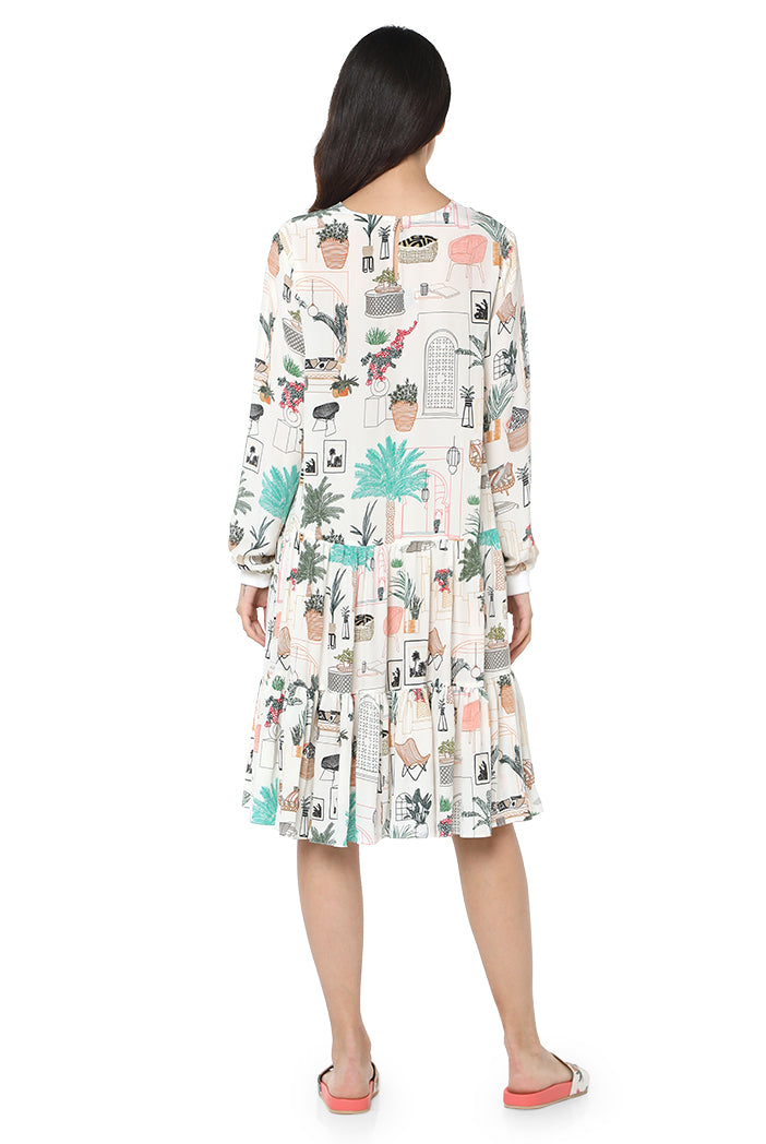 White Colour Printed Crepe Frill Hem Tunic