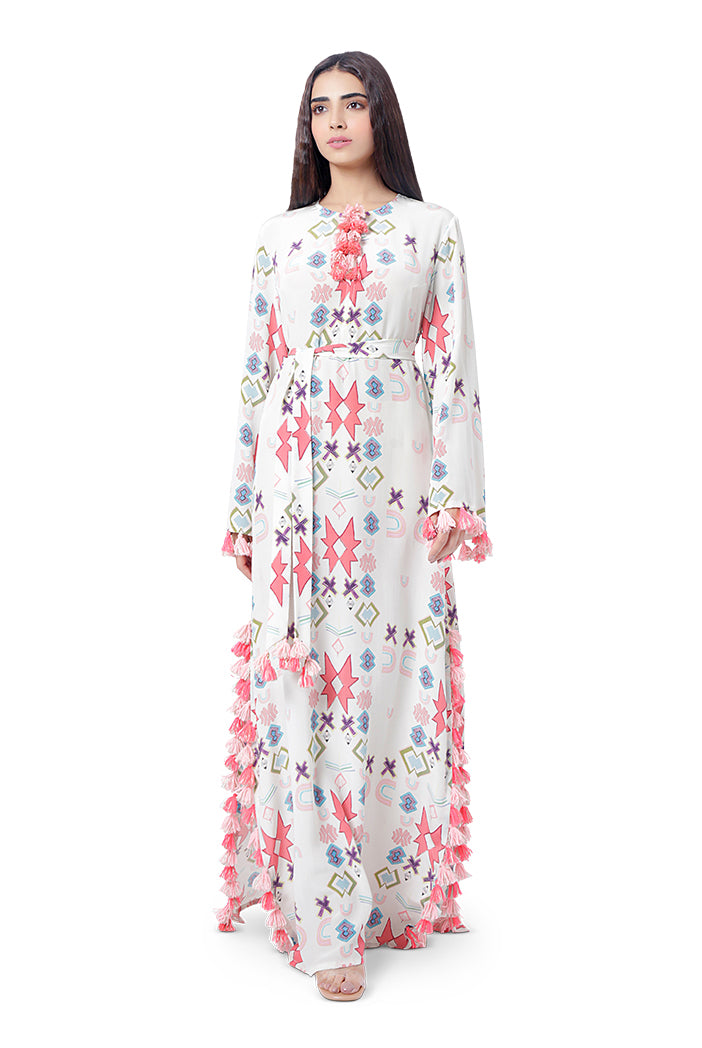 White Printed Crepe High-Slit Kaftan with Belt