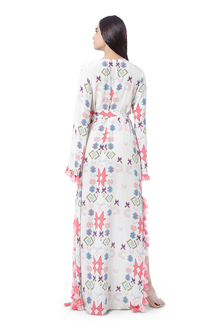 White Printed Crepe High-Slit Kaftan with Belt