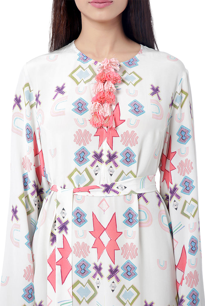 White Printed Crepe High-Slit Kaftan with Belt