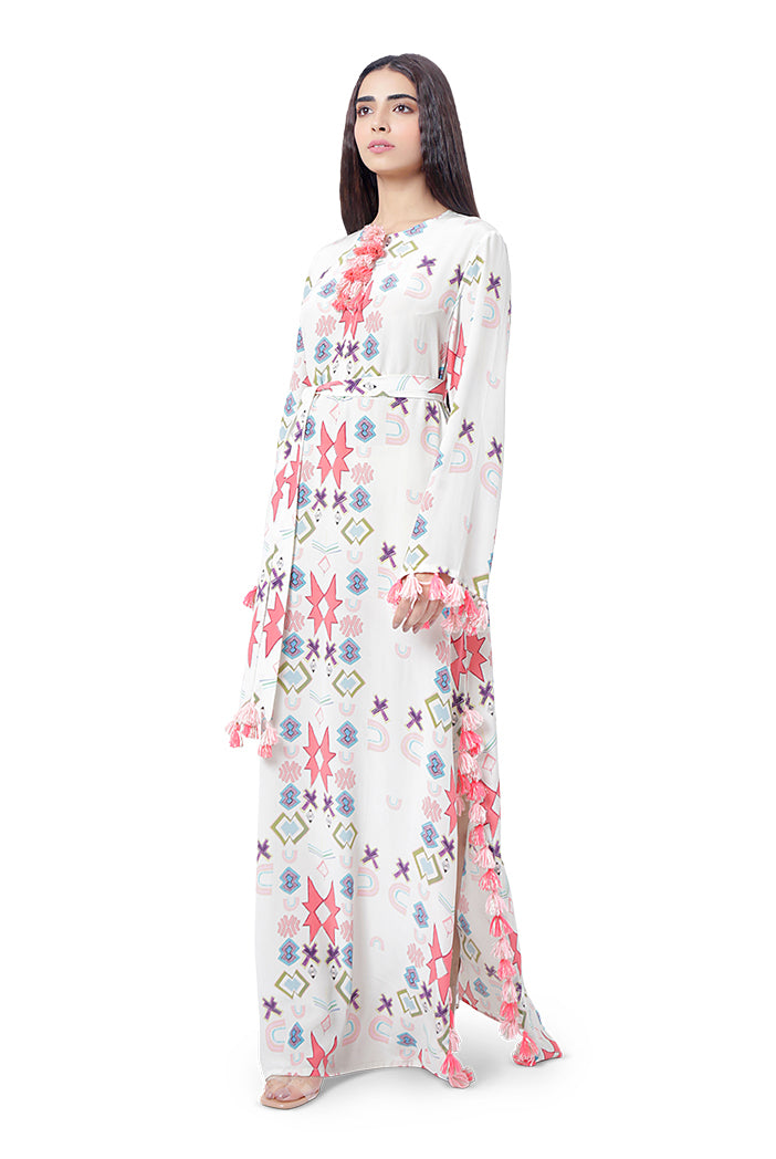 White Printed Crepe High-Slit Kaftan with Belt