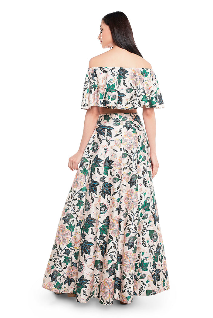 White Printed Dupion Silk Off Shoulder Ruffle Top with Lehenga