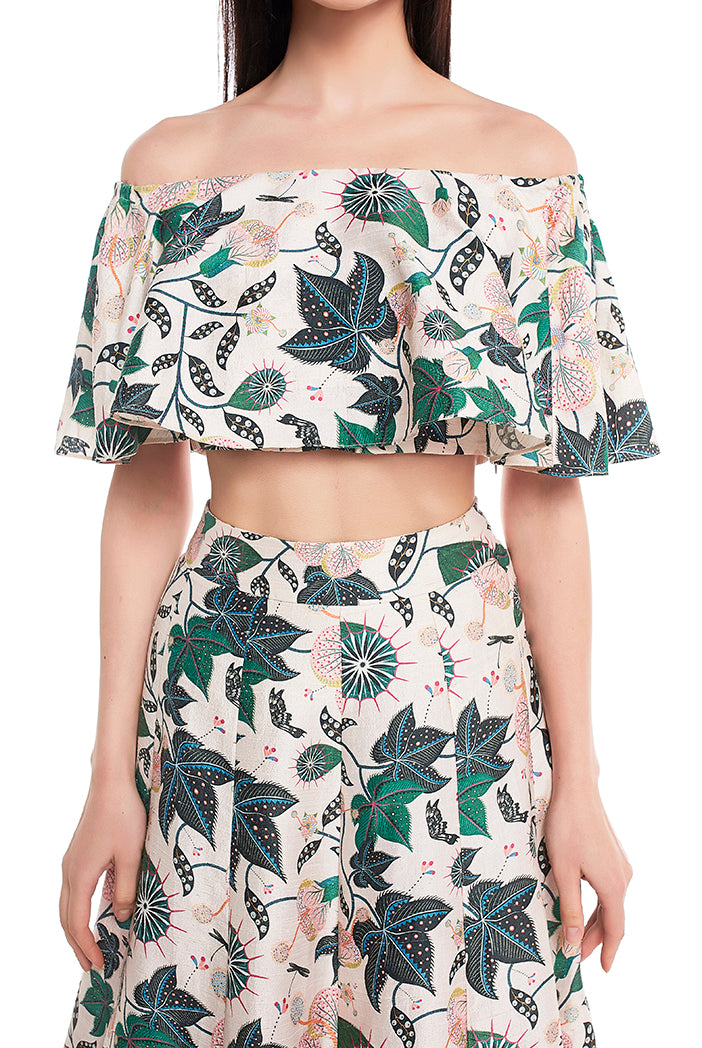 White Printed Dupion Silk Off Shoulder Ruffle Top with Lehenga