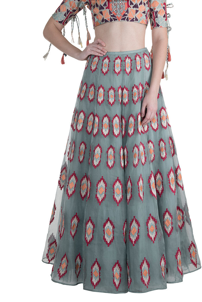 Yekta Periwinkle Blue Organza Choli and Lehnega