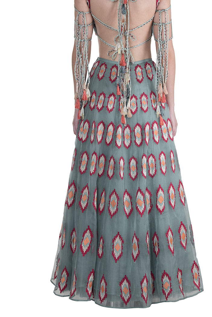 Yekta Periwinkle Blue Organza Choli and Lehnega
