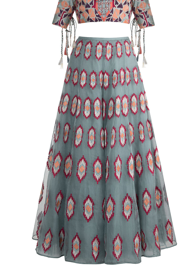 Yekta Periwinkle Blue Organza Choli and Lehnega