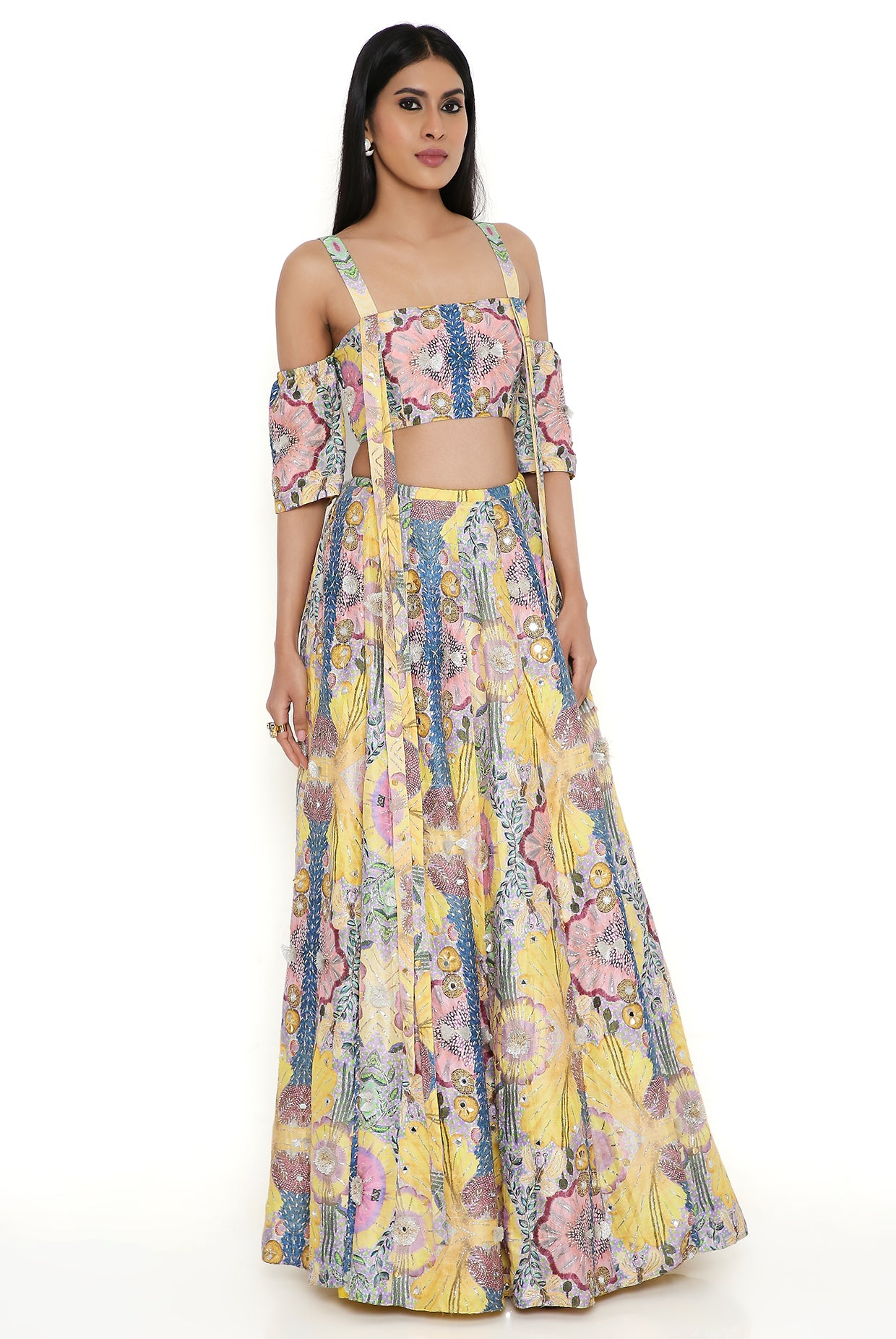 Yellow Enchanted Print Dupion Silk Embroidered Top With  Lehenga