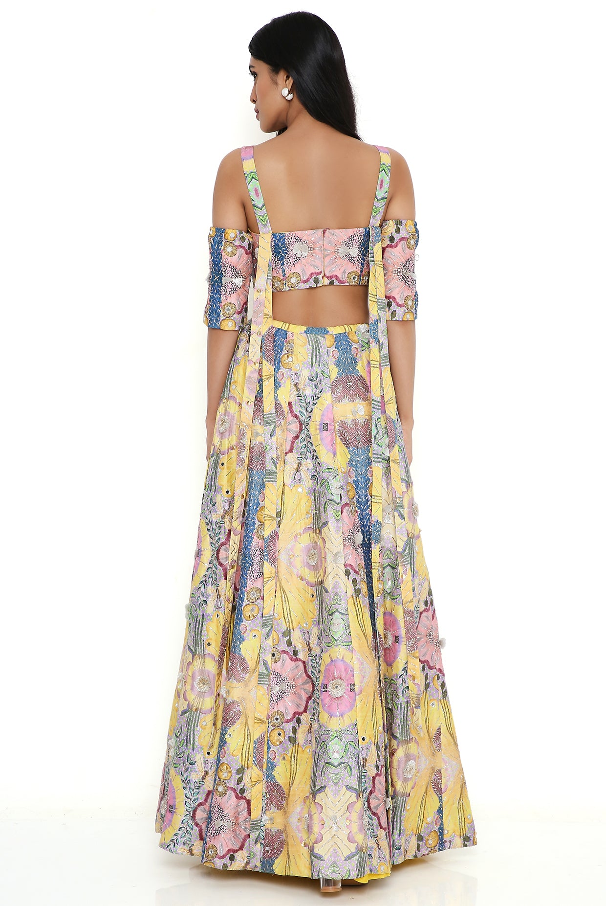 Yellow Enchanted Print Dupion Silk Embroidered Top With  Lehenga
