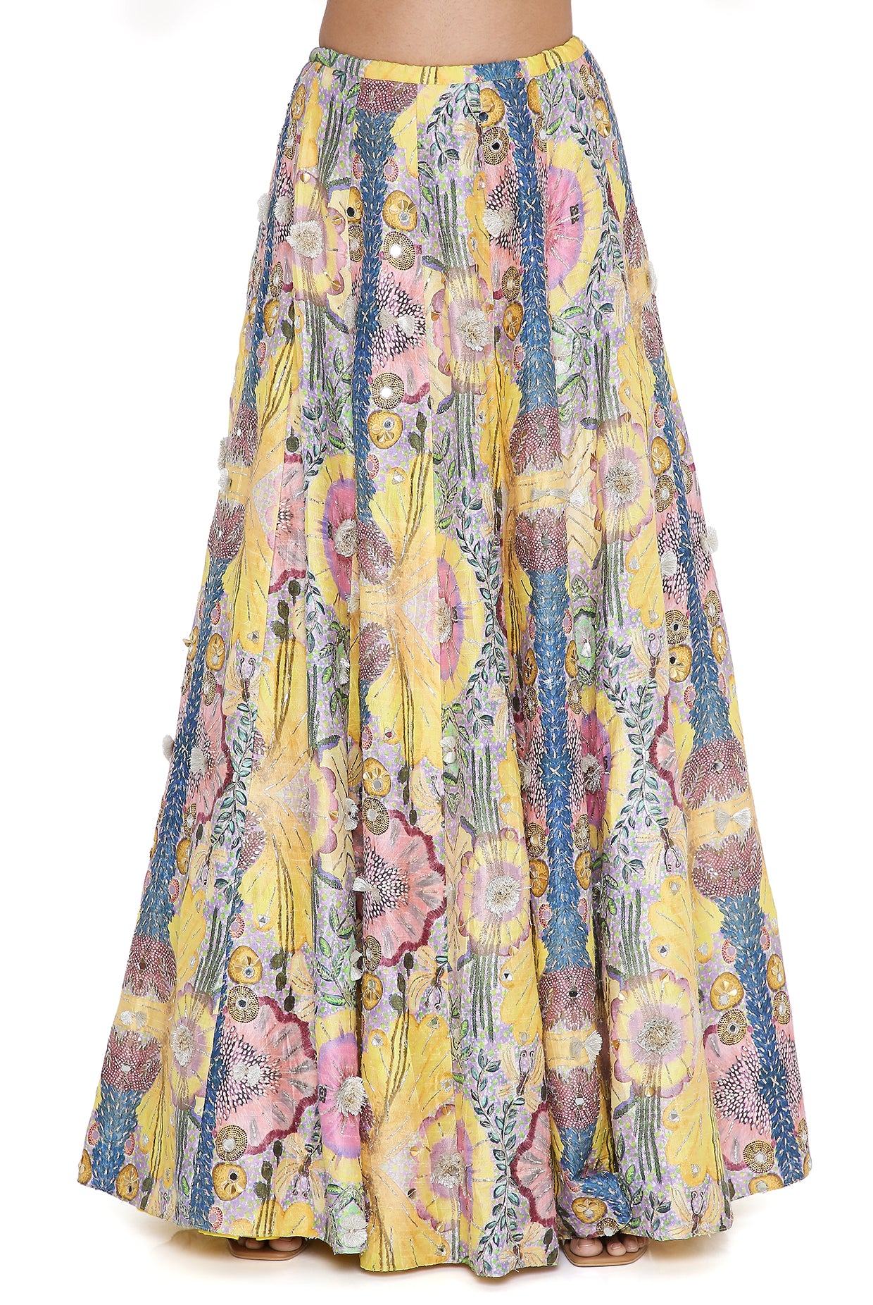 Yellow Enchanted Print Dupion Silk Embroidered Top With  Lehenga