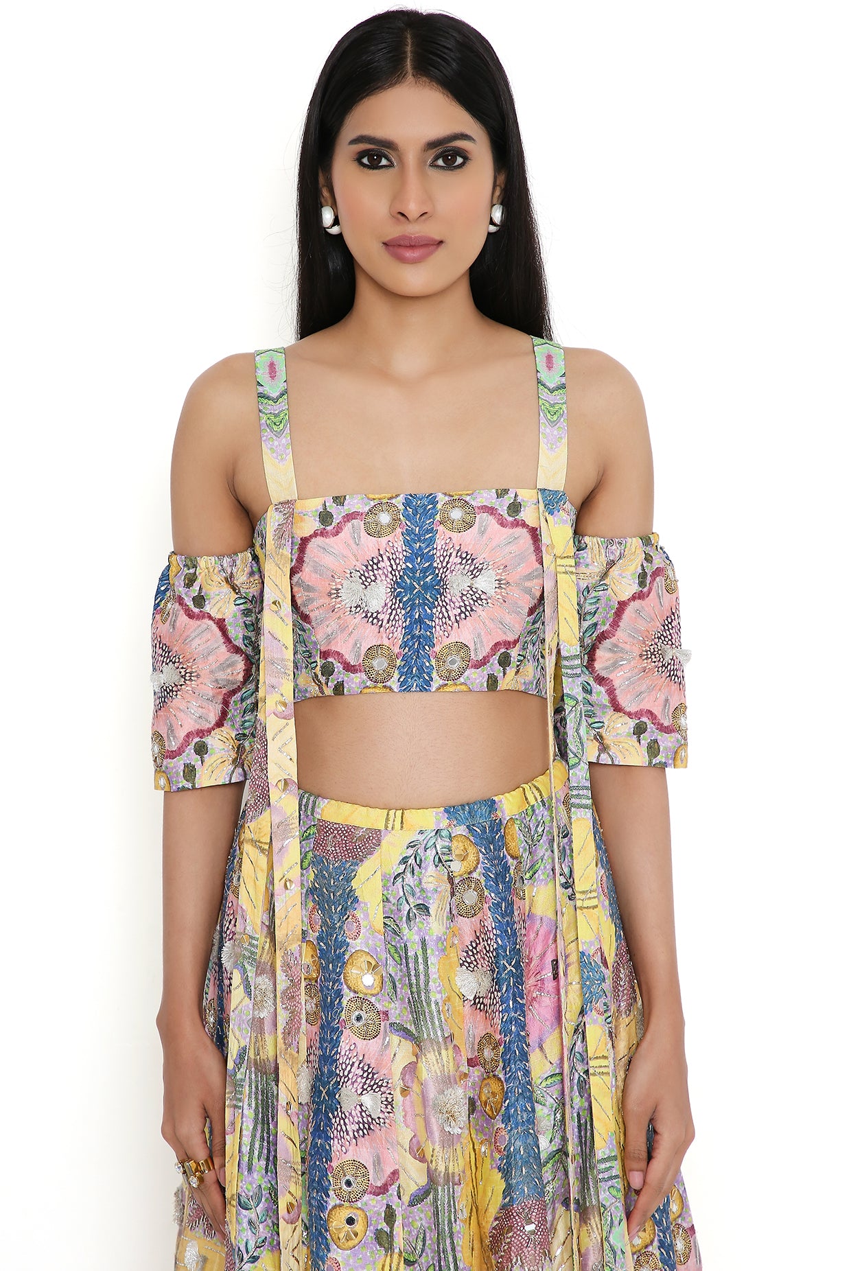 Yellow Enchanted Print Dupion Silk Embroidered Top With  Lehenga