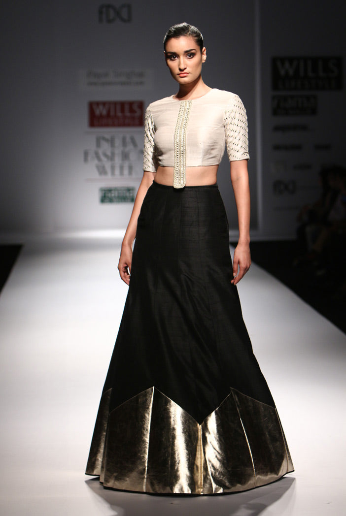 Zakya Stone Dupion Silk Choli with Black Dupion Silk and Gold Leather Triangle Hem Border Lehenga