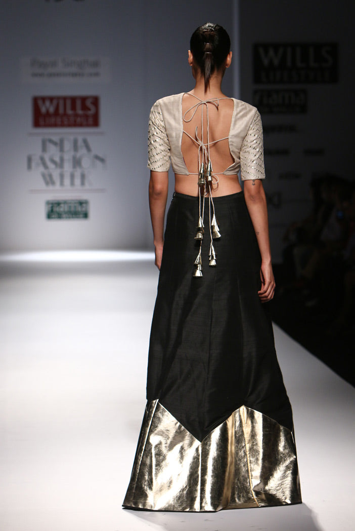 Zakya Stone Dupion Silk Choli with Black Dupion Silk and Gold Leather Triangle Hem Border Lehenga