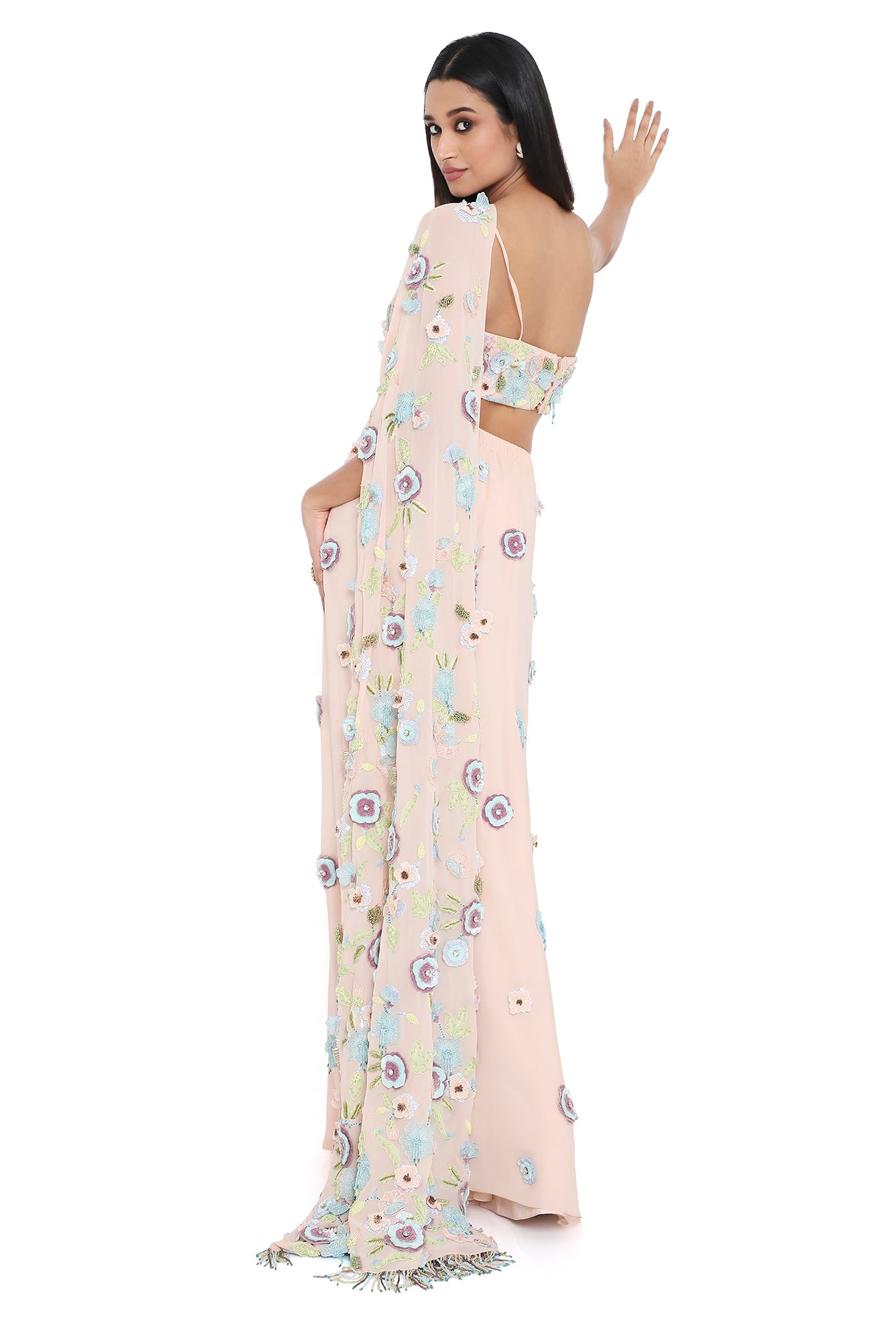 Zetta Blush Pink Embroidered Choli With Attached Pallu And Embroidered Pre-Stitched Skirt