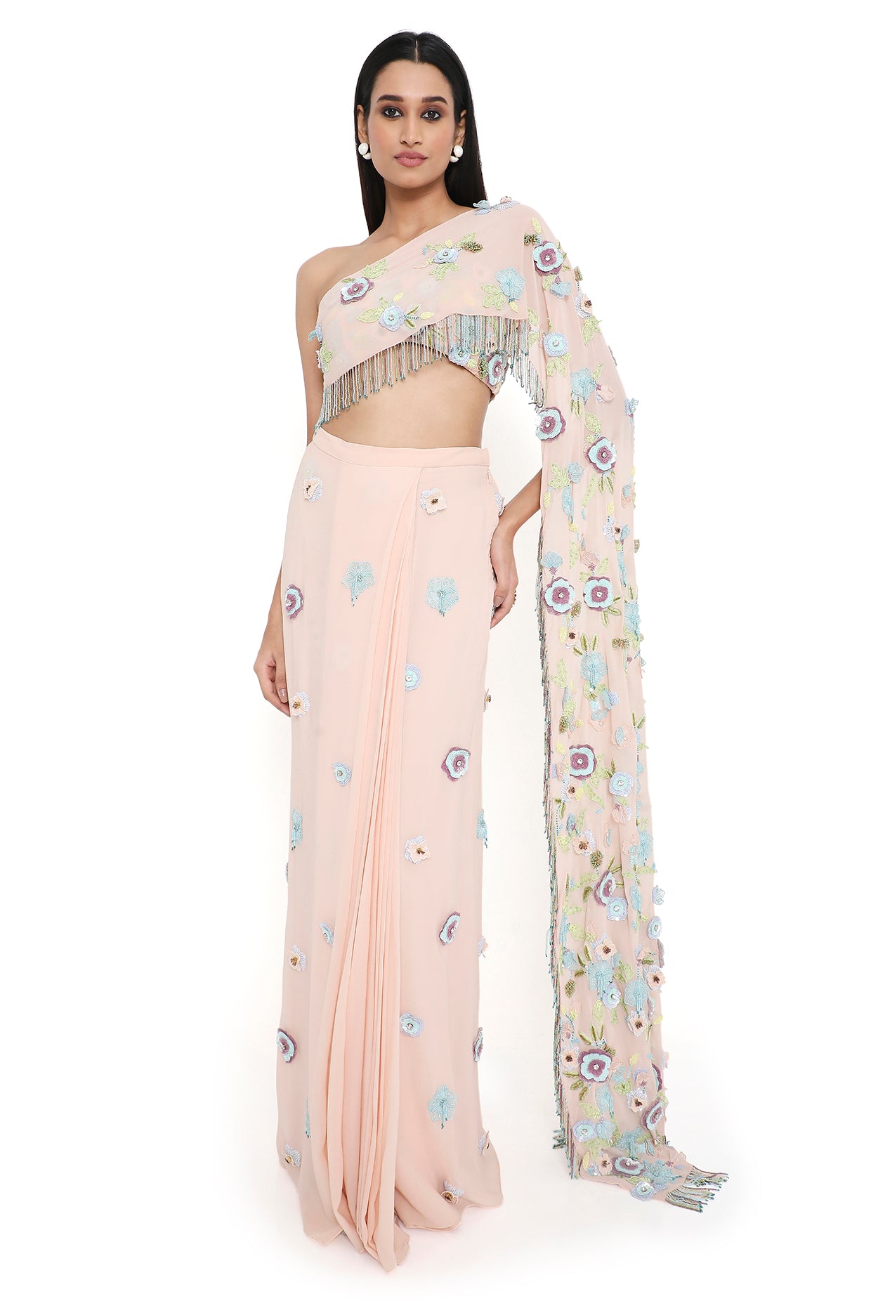 Zetta Blush Pink Embroidered Choli With Attached Pallu And Embroidered Pre-Stitched Skirt
