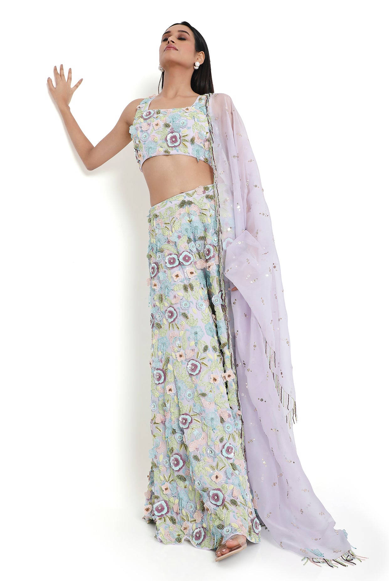 Zinnia Lavender Embroidered Choli And Sharara With Dupatta