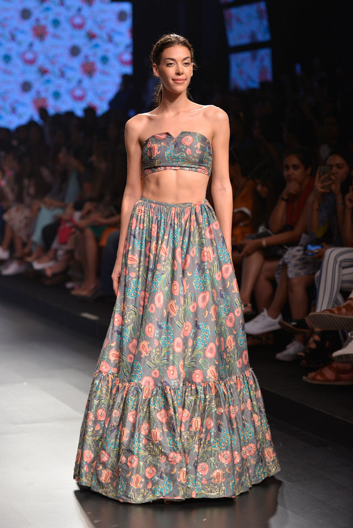 Zoraaya Slate Grey Printed Dupion Silk Bustier and Frill Hem Skirt