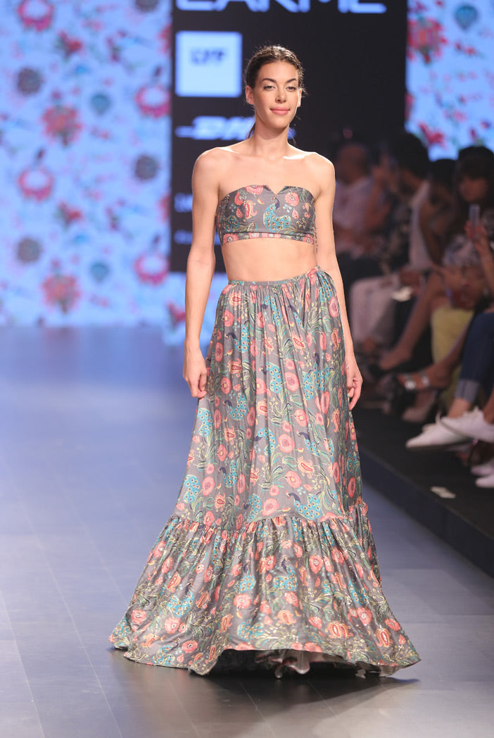 Zoraaya Slate Grey Printed Dupion Silk Bustier and Frill Hem Skirt