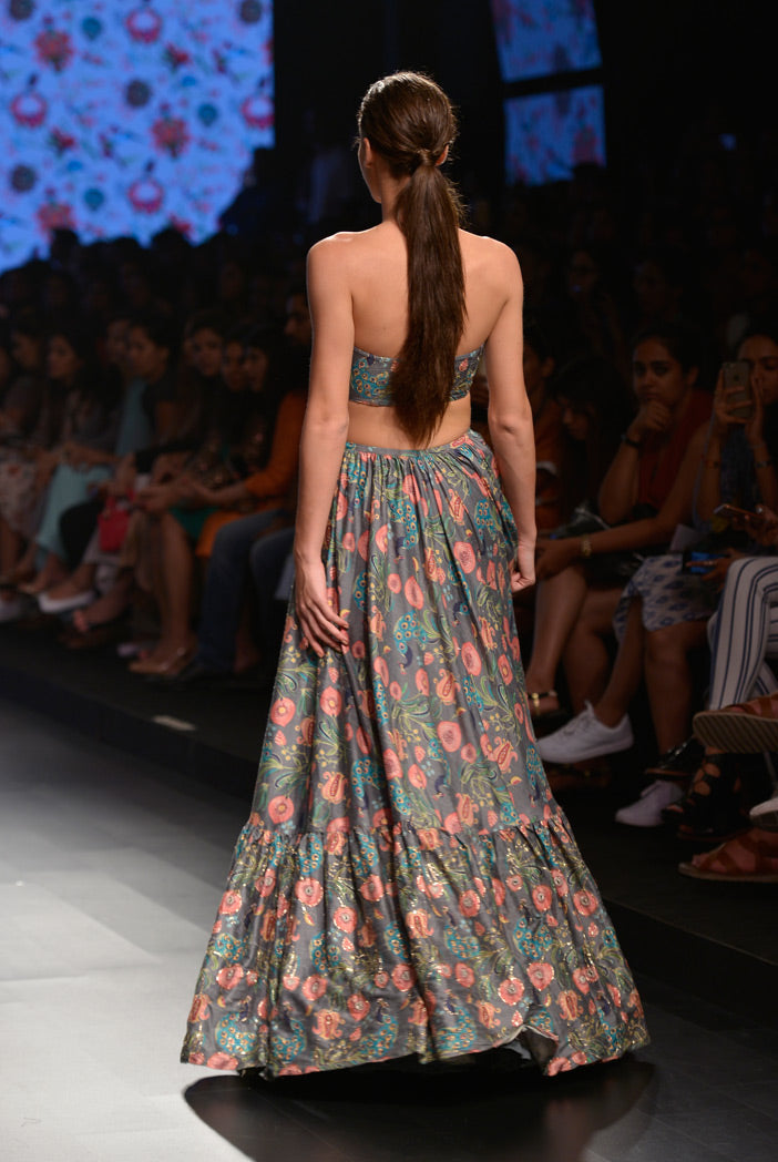 Zoraaya Slate Grey Printed Dupion Silk Bustier and Frill Hem Skirt