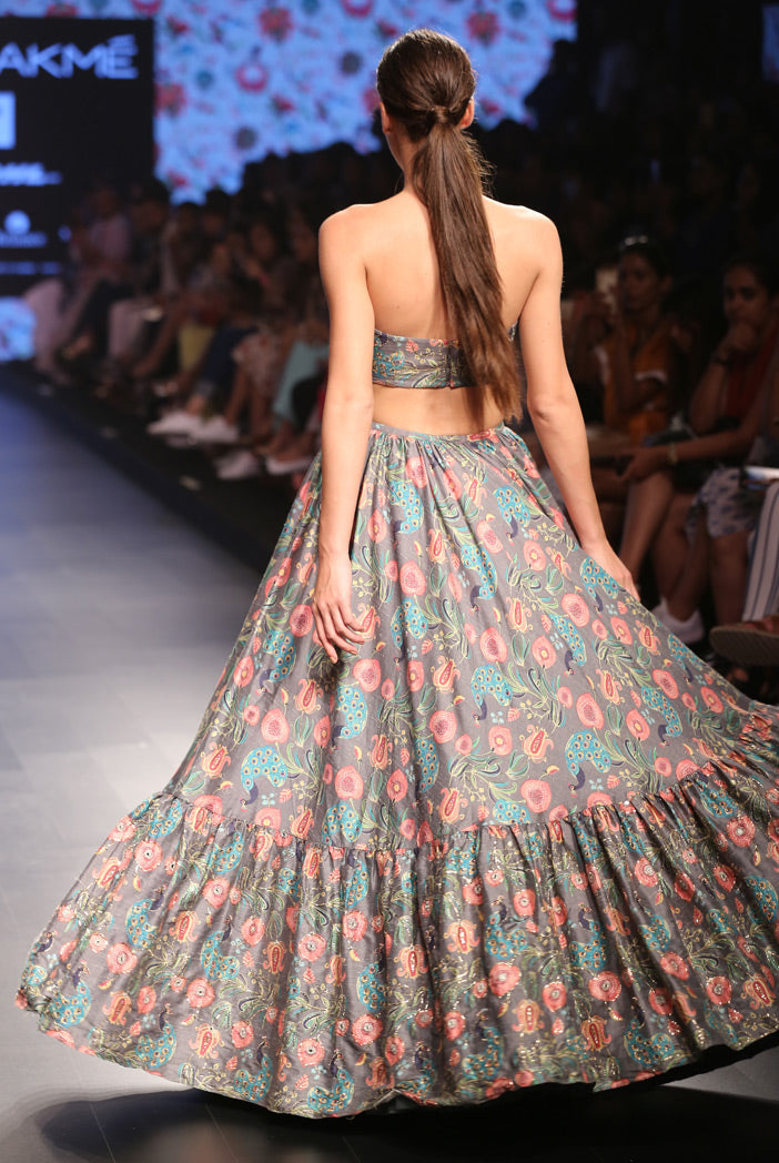 Zoraaya Slate Grey Printed Dupion Silk Bustier and Frill Hem Skirt