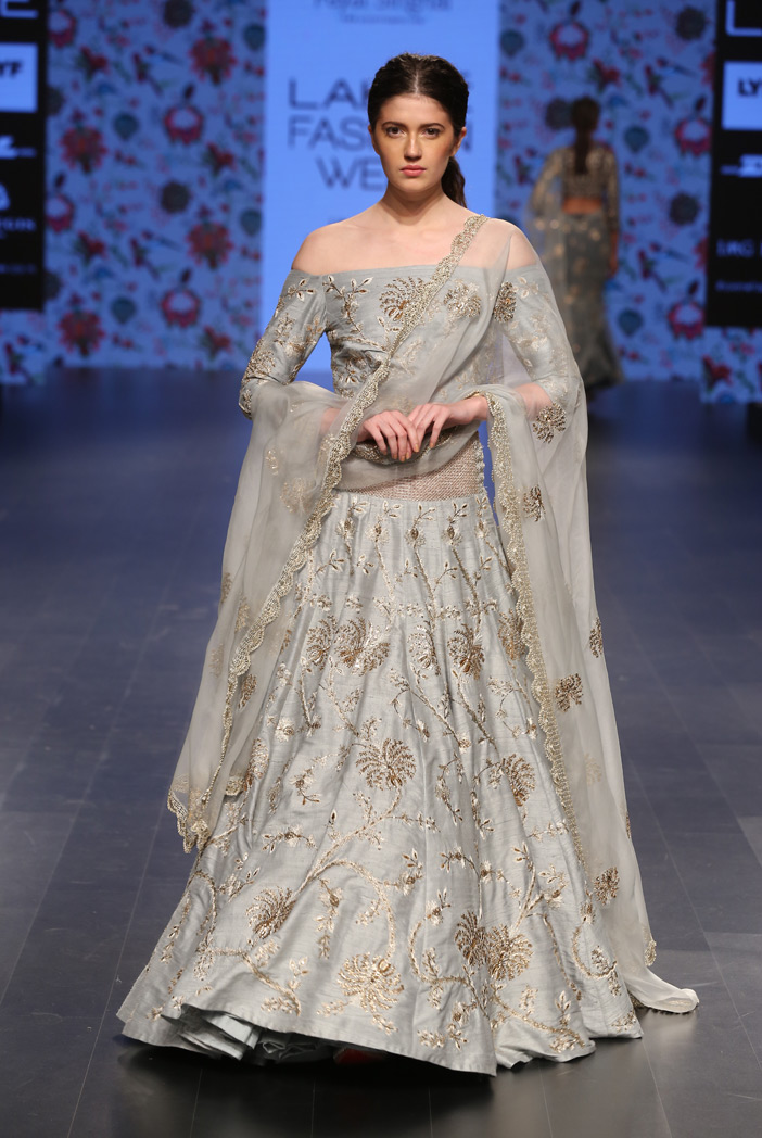 Bridal PAYAL SINGHAL Powder Blue Off Shoulder Blouse with Steel Color Lehenga and Embroidered Dupatta for Indian wedding