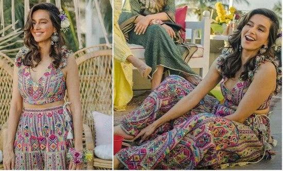 Shibani Dandekar's colourful mehendi outfit designed by Payal Singhal: Decoded