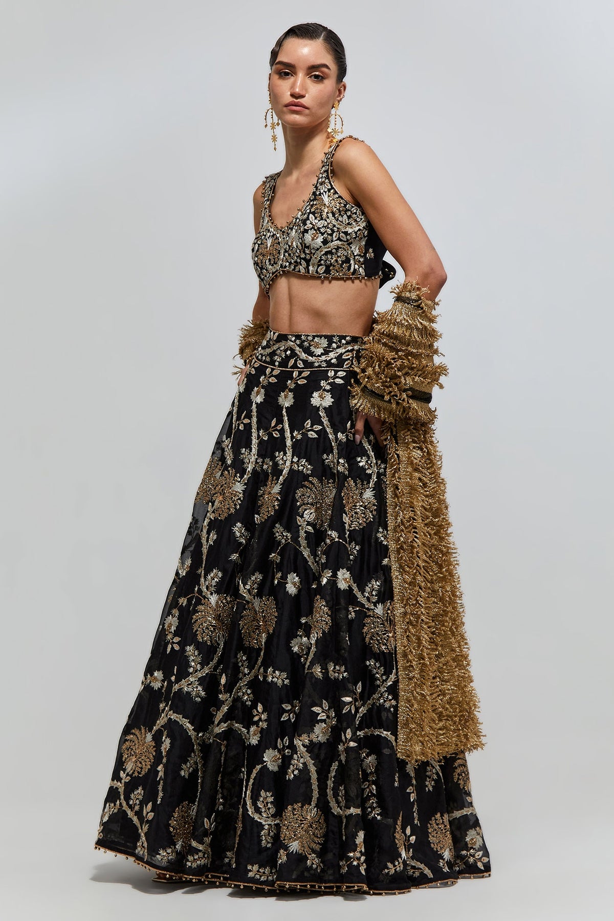 Saher Black Georgette Embroidered Tie Back Choli With Lehenga And Stone Net Laced Dupatta