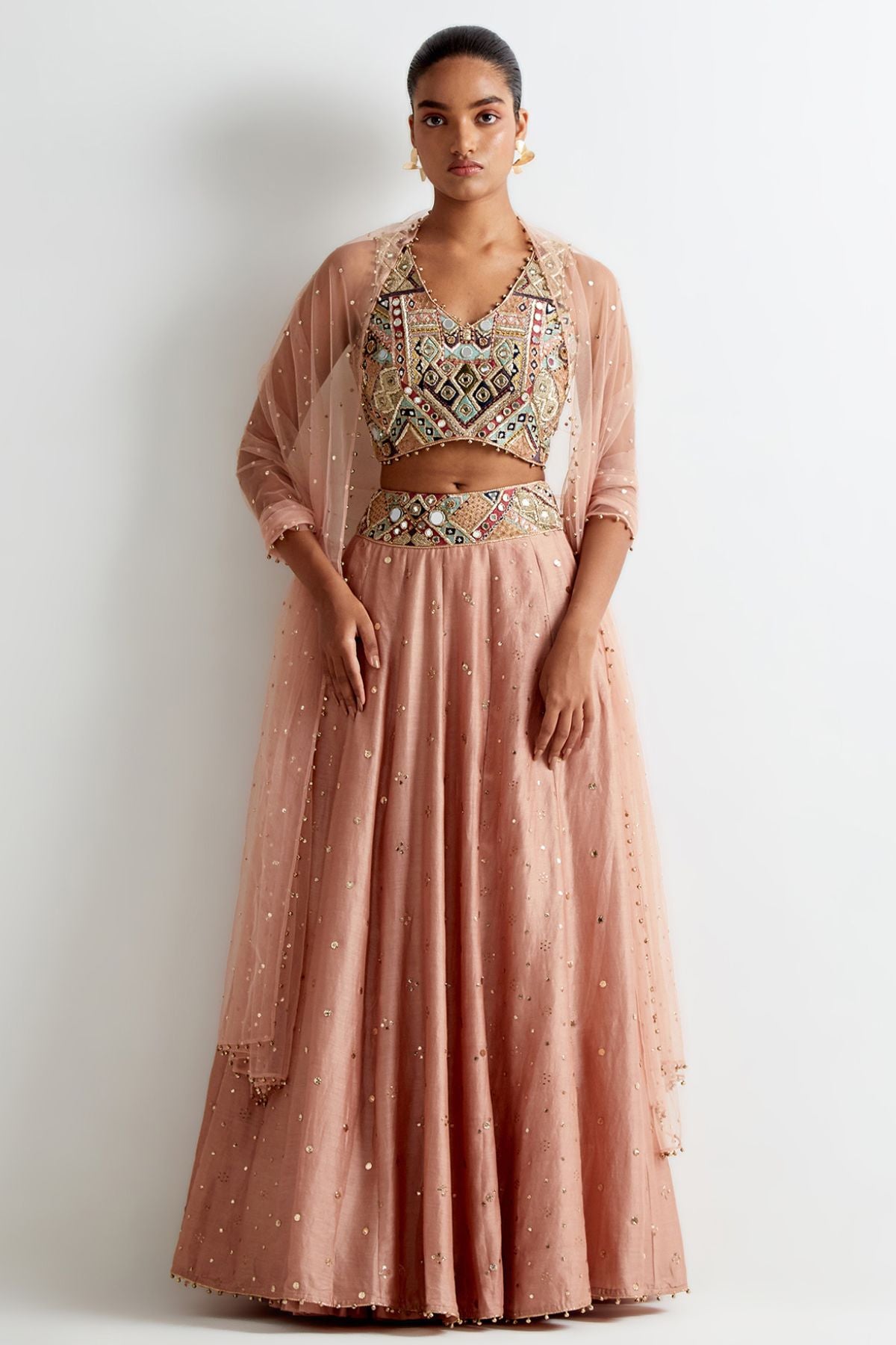 Mahnaz Peachy Pink Georgette Embroidered Choli With Lehenga And Mukaish Net Dupatta