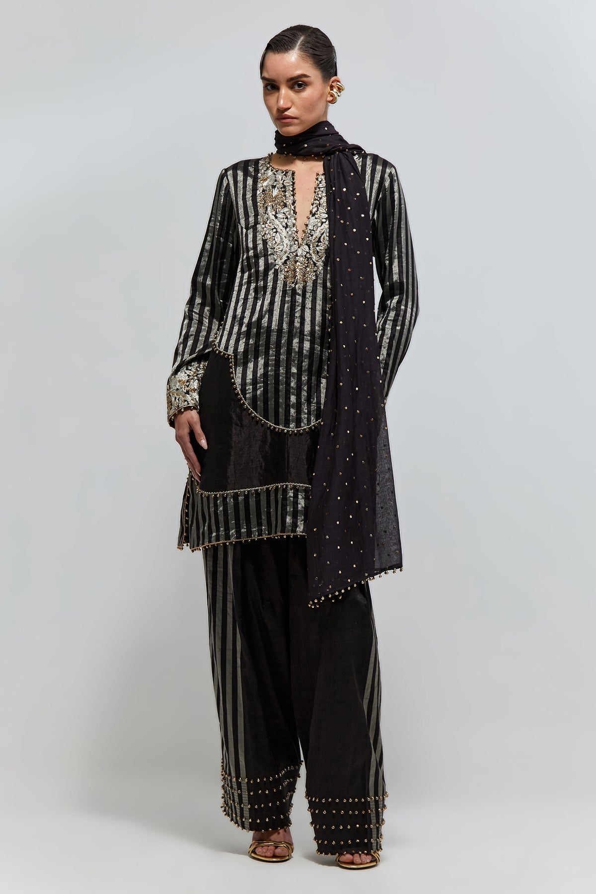 Nysa Black Stripe Tissue Embroidered Kurta With Farshi Salwar And Mukaish Silkmul Dupatta