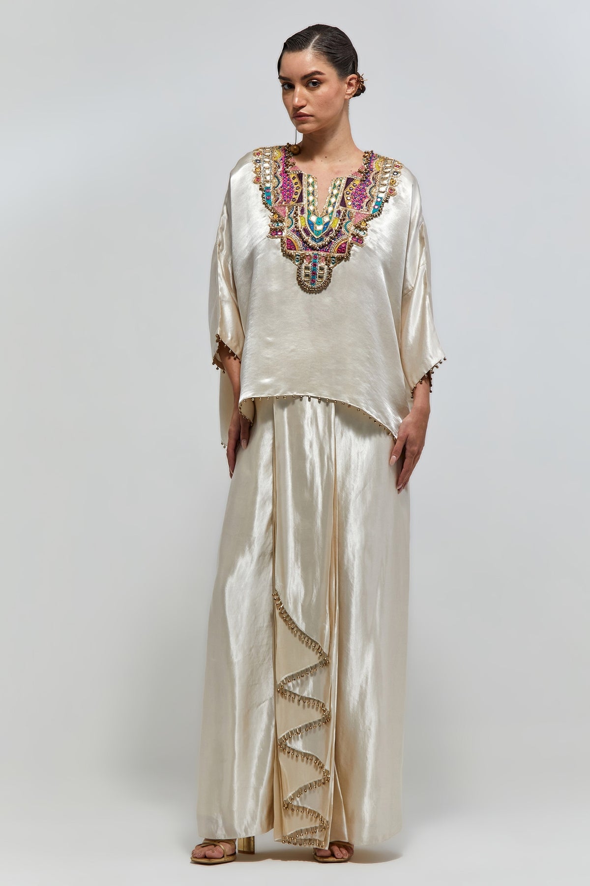 Taraz Champagne Modal Satin Embroidered Yoke Top And Lungi Skirt