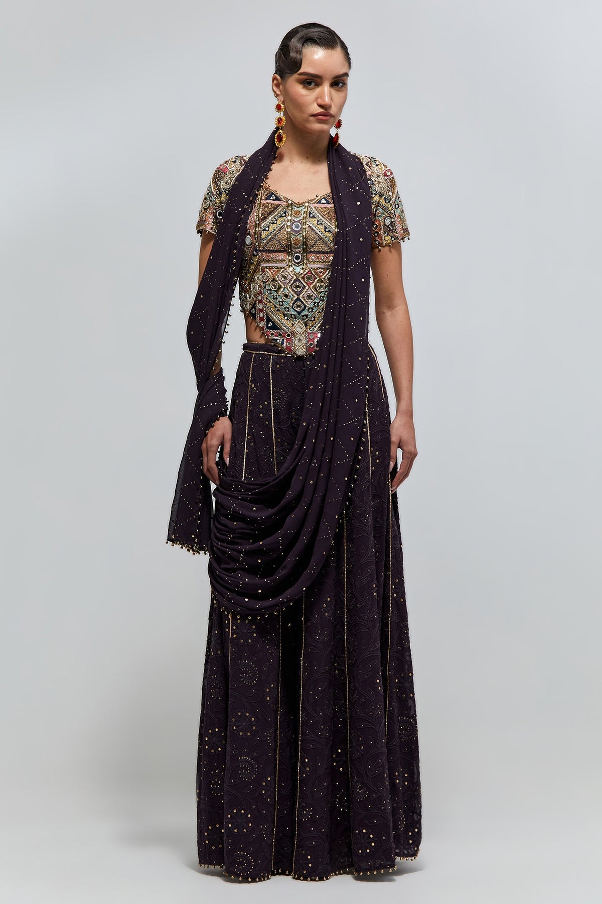 Azar Dark Purple Georgette Embroidered Choli And Sharara With Attached Pallu