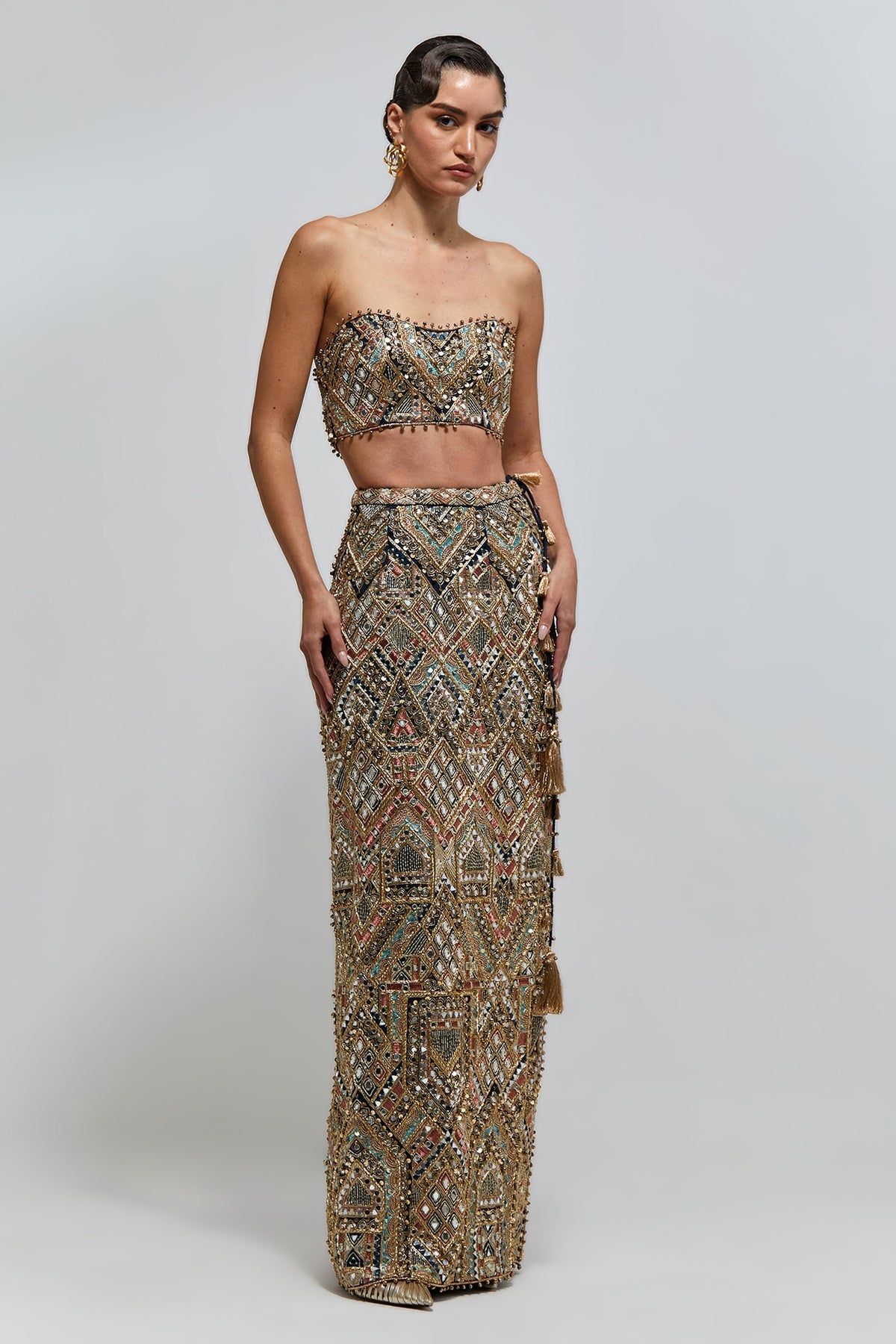 Shahira Navy Blue Georgette Embroidered Bustier And Straight Skirt