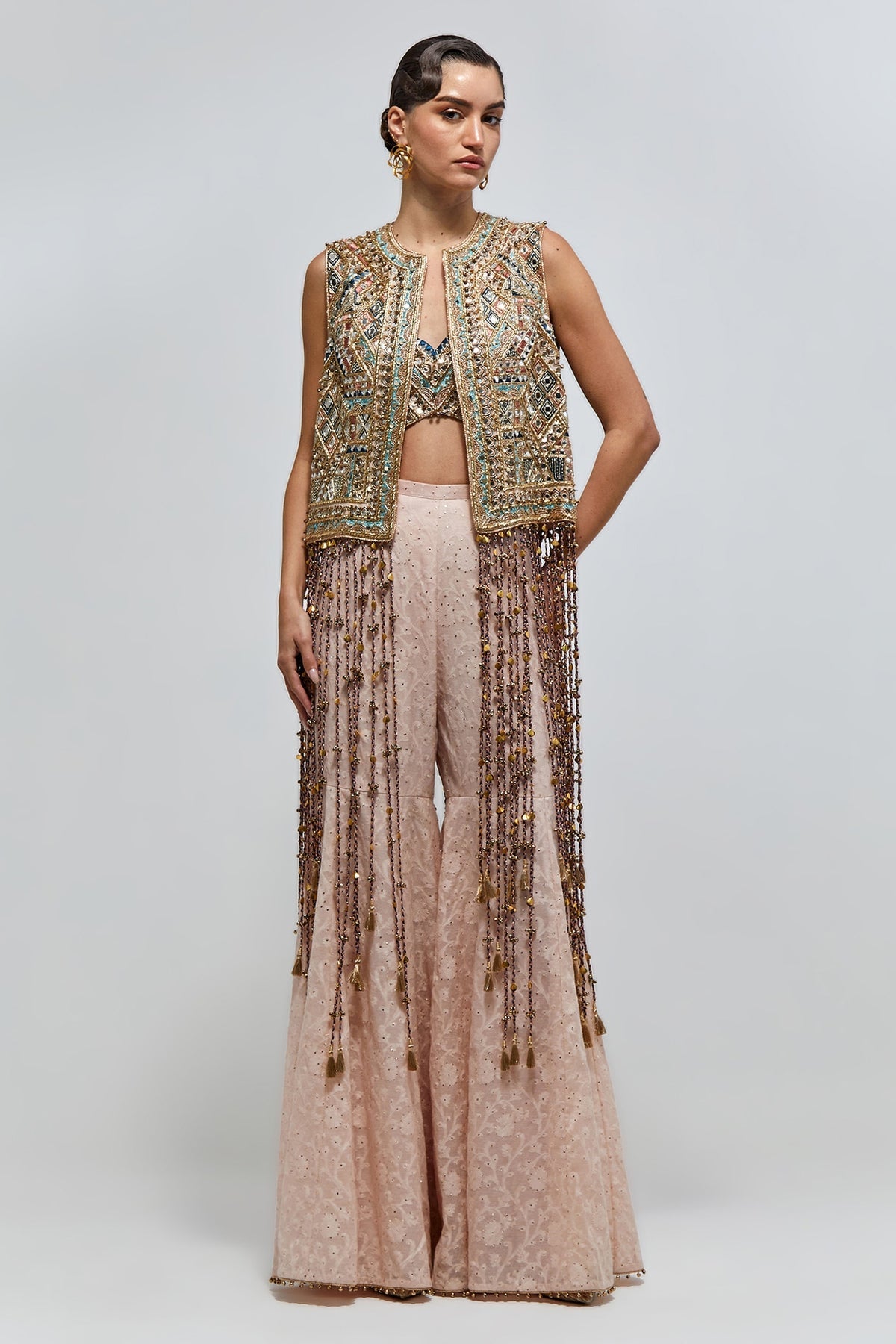 Raha Blush Pink Georgette Embroidered Jacket With Bustier And Katarwa Sharara