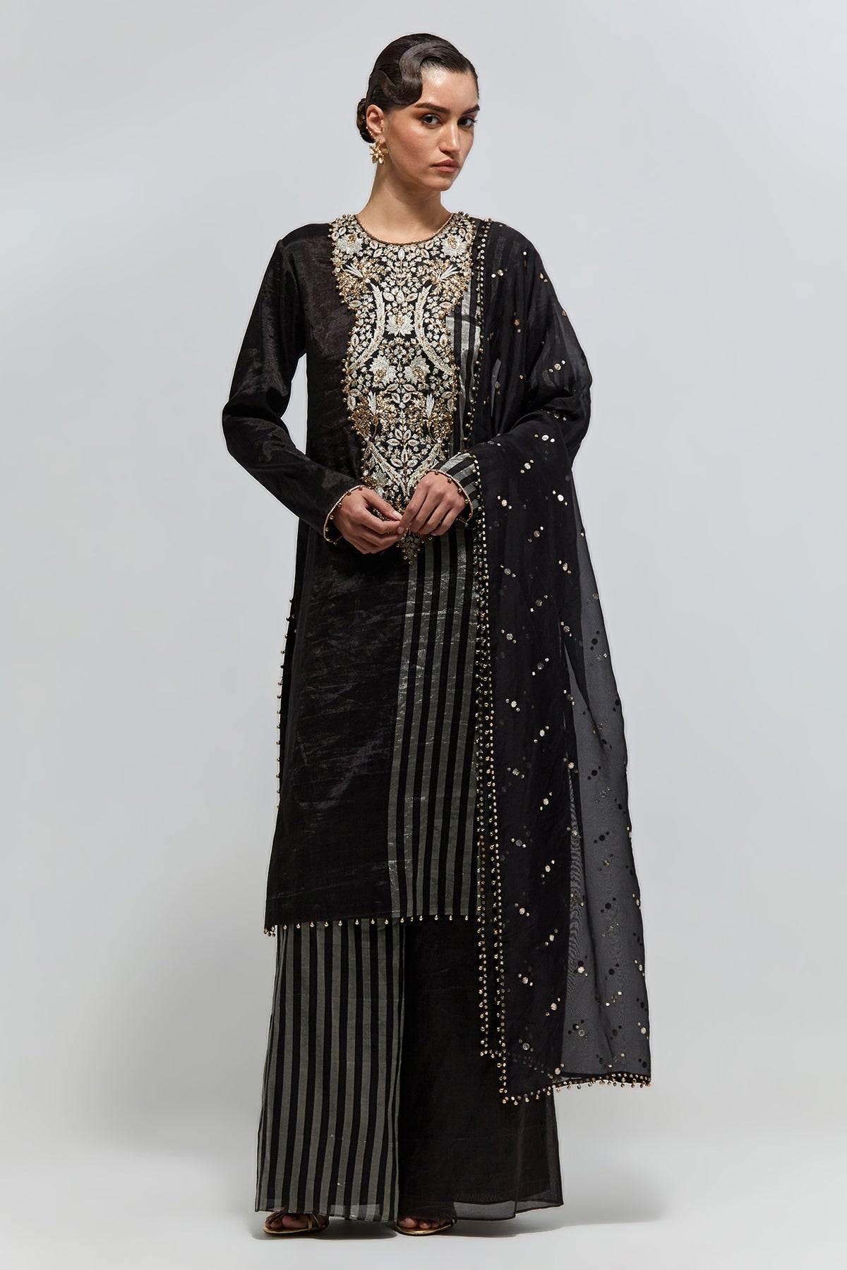 Sabil Black Stripe Tissue Embroidered Kurta With Palazzo And Mukaish Organza Dupatta