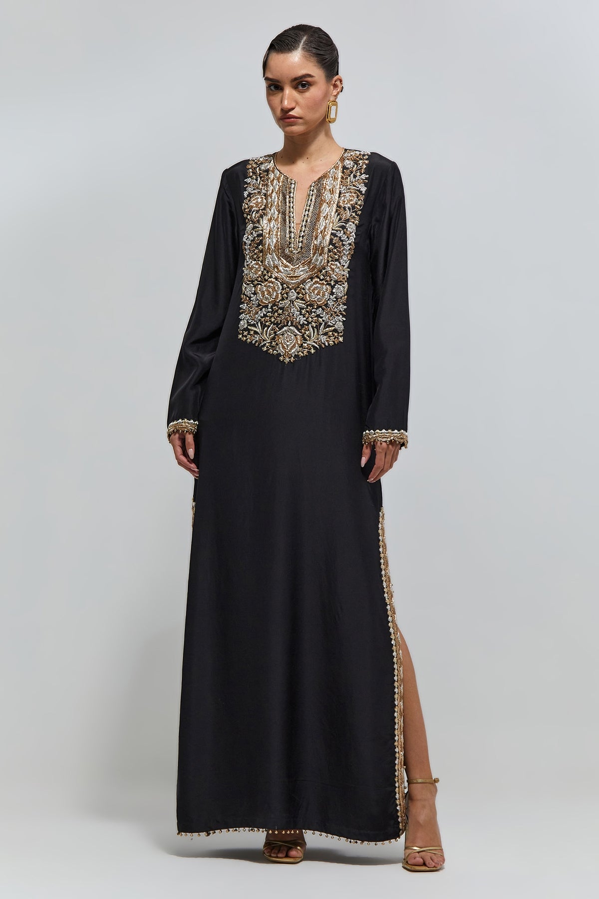 Nazra Black Abutai Silk Embroidered Yoke Beyza Kaftan