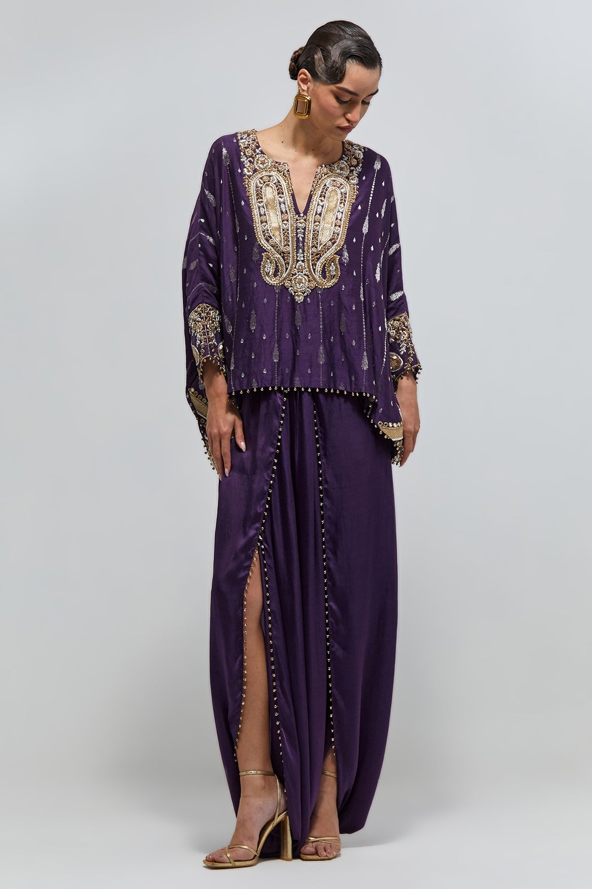 Zaya Purple Chiniya Silk Embroidered Top And Dhoti Skirt