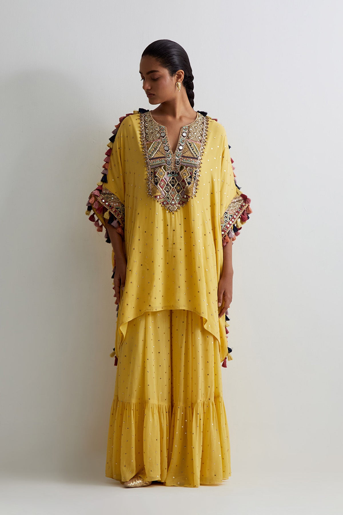 Yellow Embroidered Kaftan And Frill Sharara