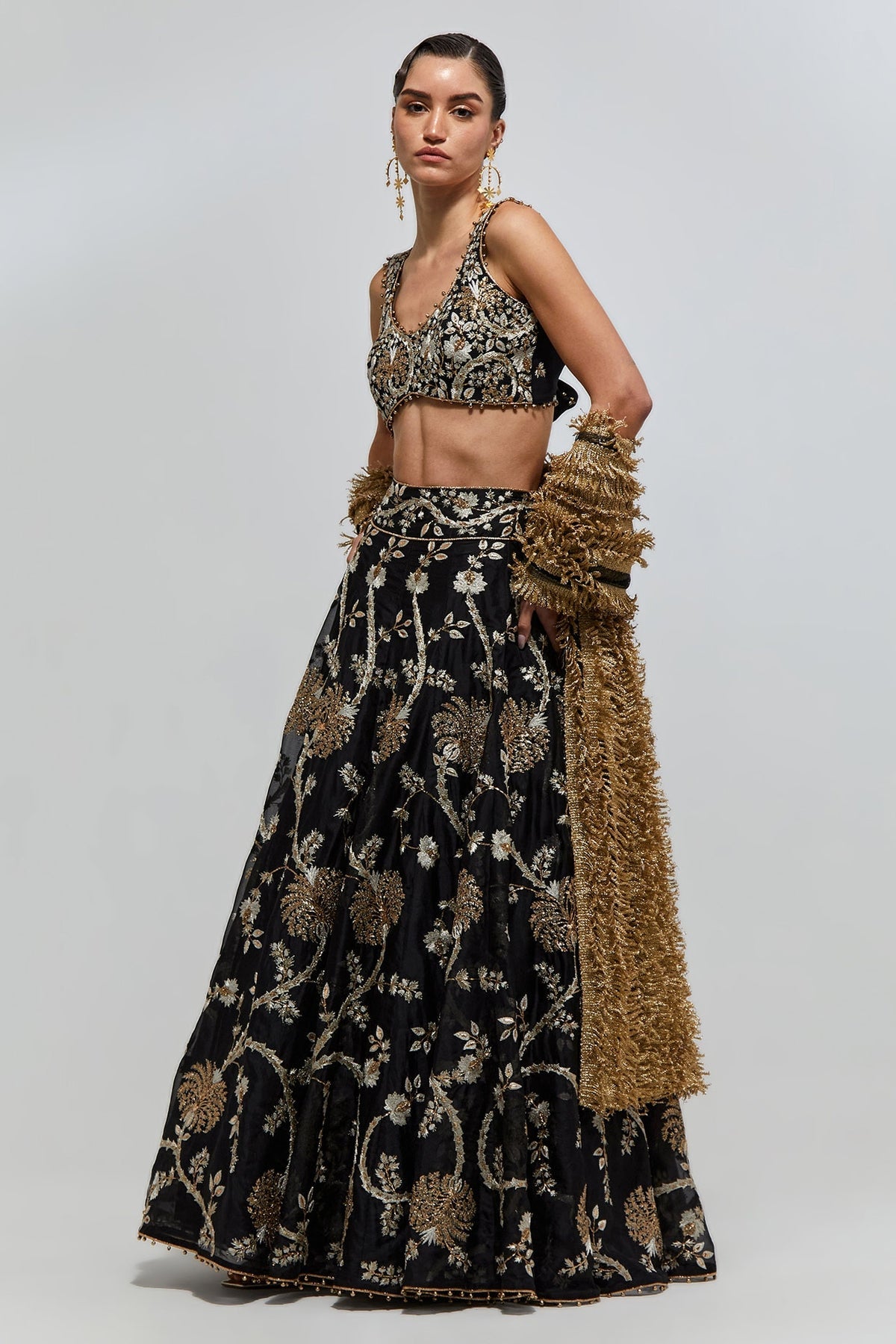 Saher Black Georgette Embroidered Tie Back Choli With Lehenga And Stone Net Laced Dupatta