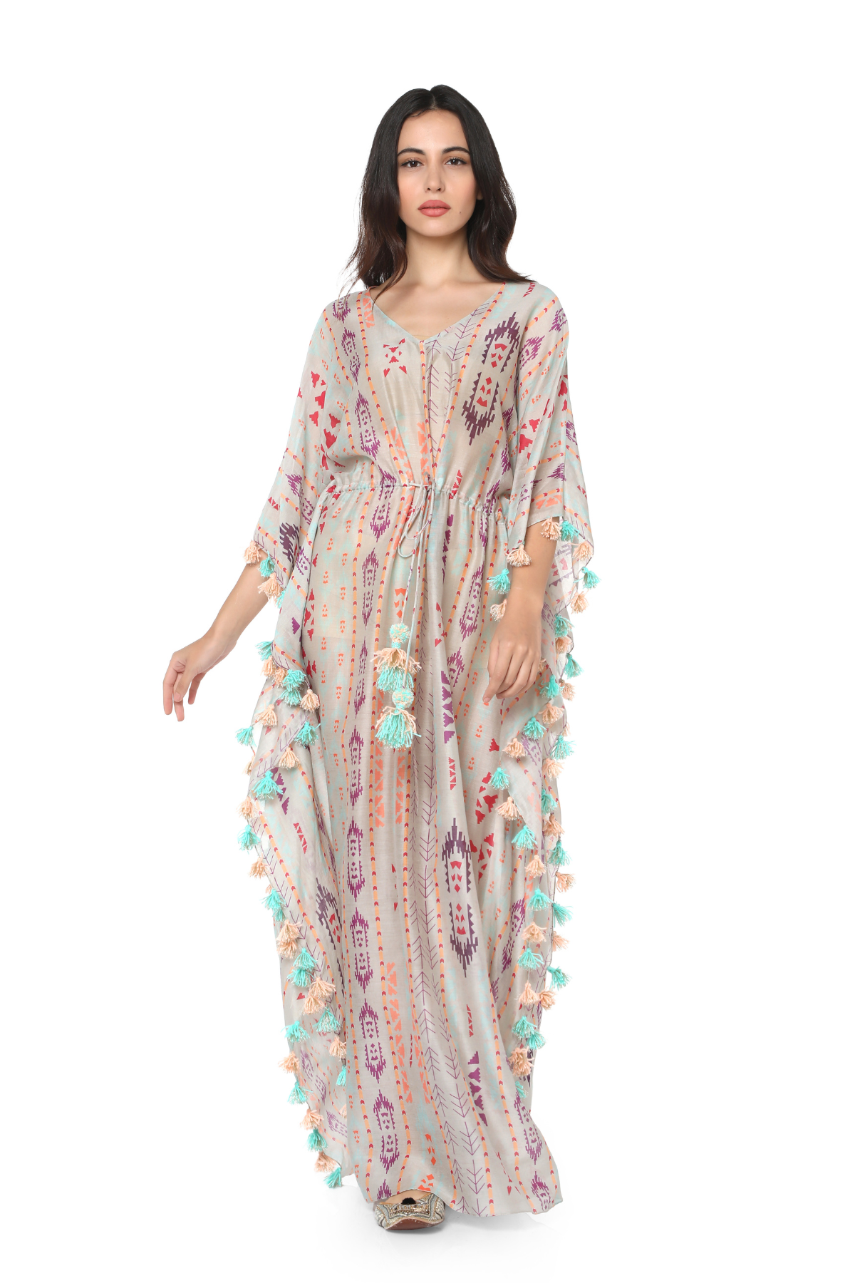 Grey Colour Printed Silkmul Kaftan