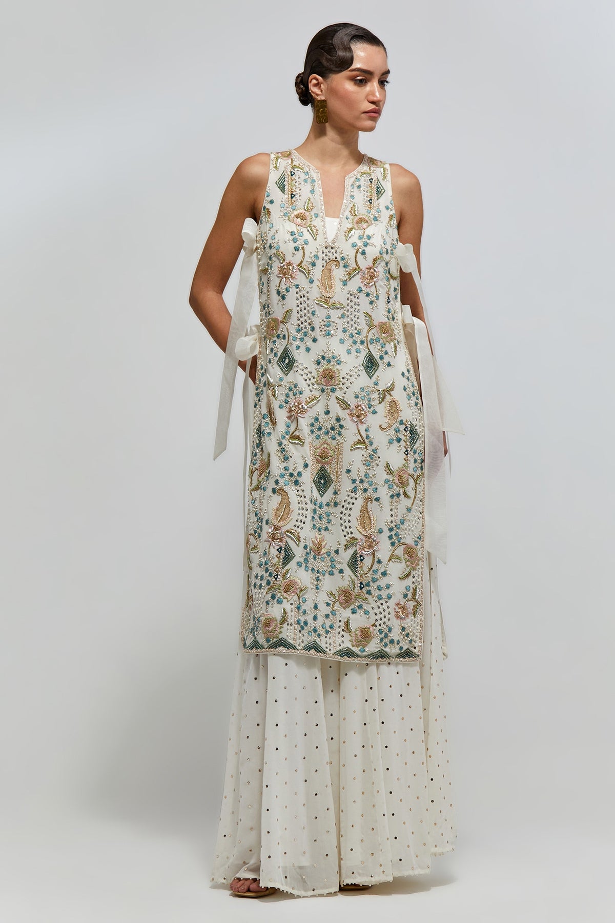 Azra Off-White Georgette Embroidered Side Tie Kurta With Bustier And Sharara