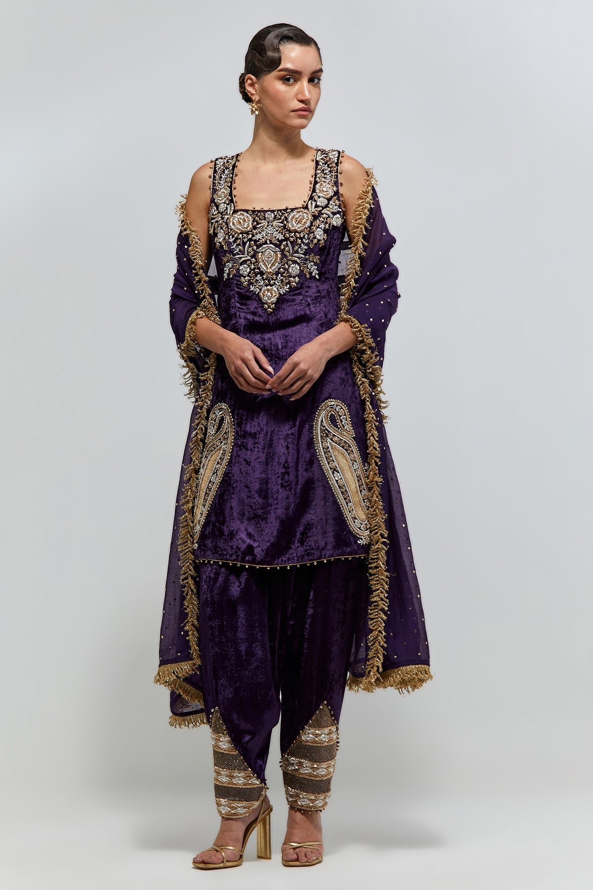 Elara Purple Velvet Embroidered Kurta With Farshi Salwar And Mukaish Silkmul Dupatta