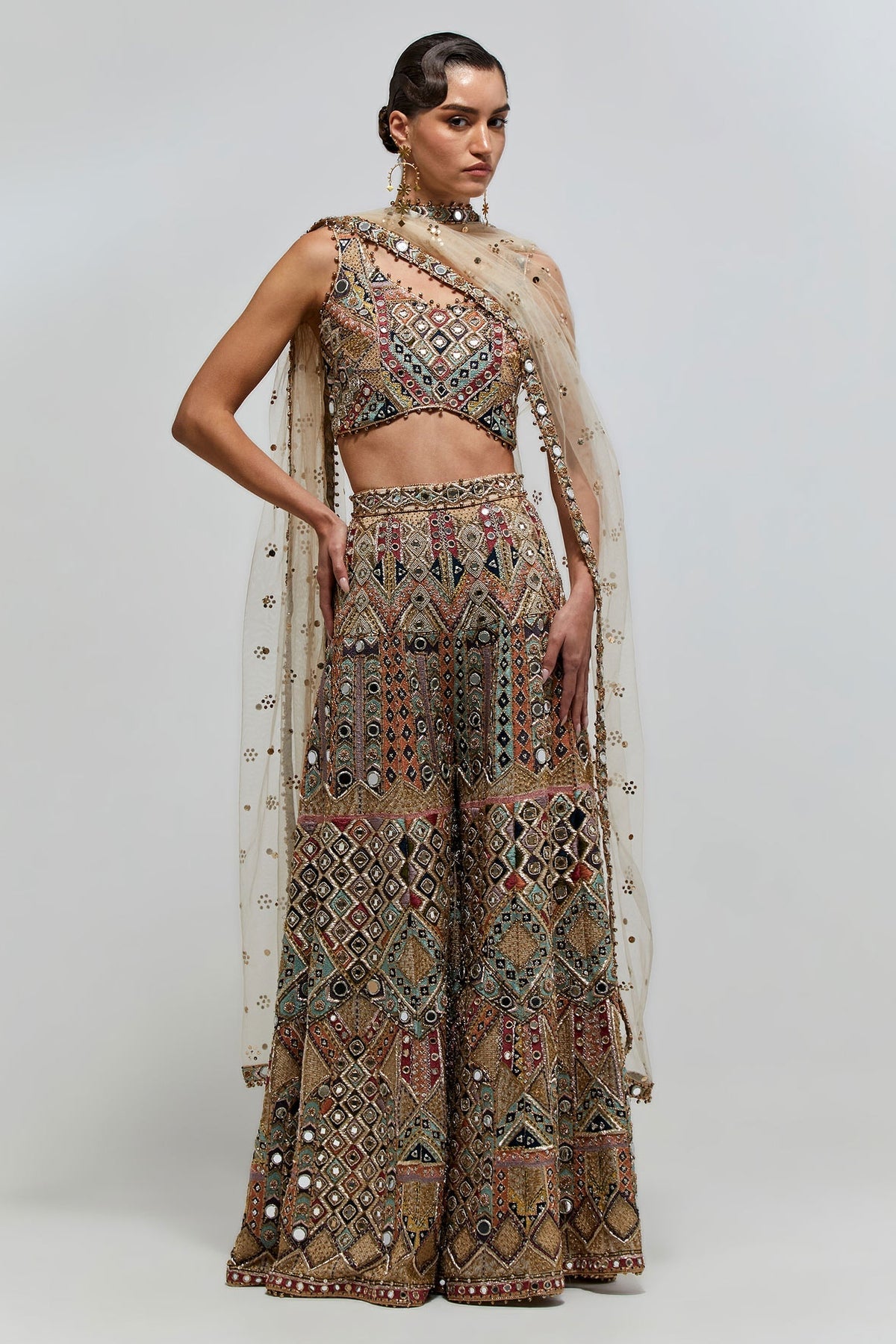 Fariha Champagne Georgette Embroidered Choli With Sharara And Mukaish Net Dupatta