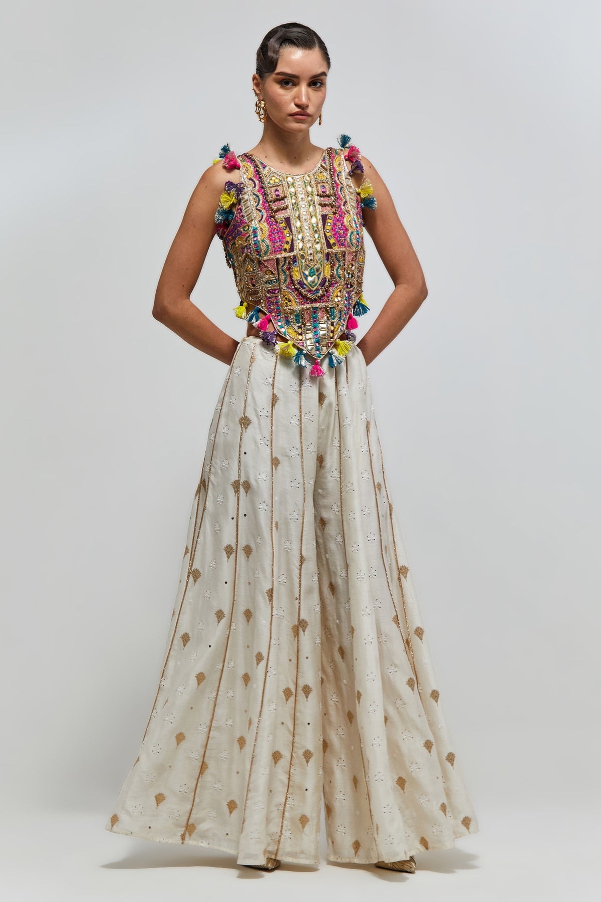 Fez Off-White Georgette Embroidered Choli And Banarasi Silkmul Sharara