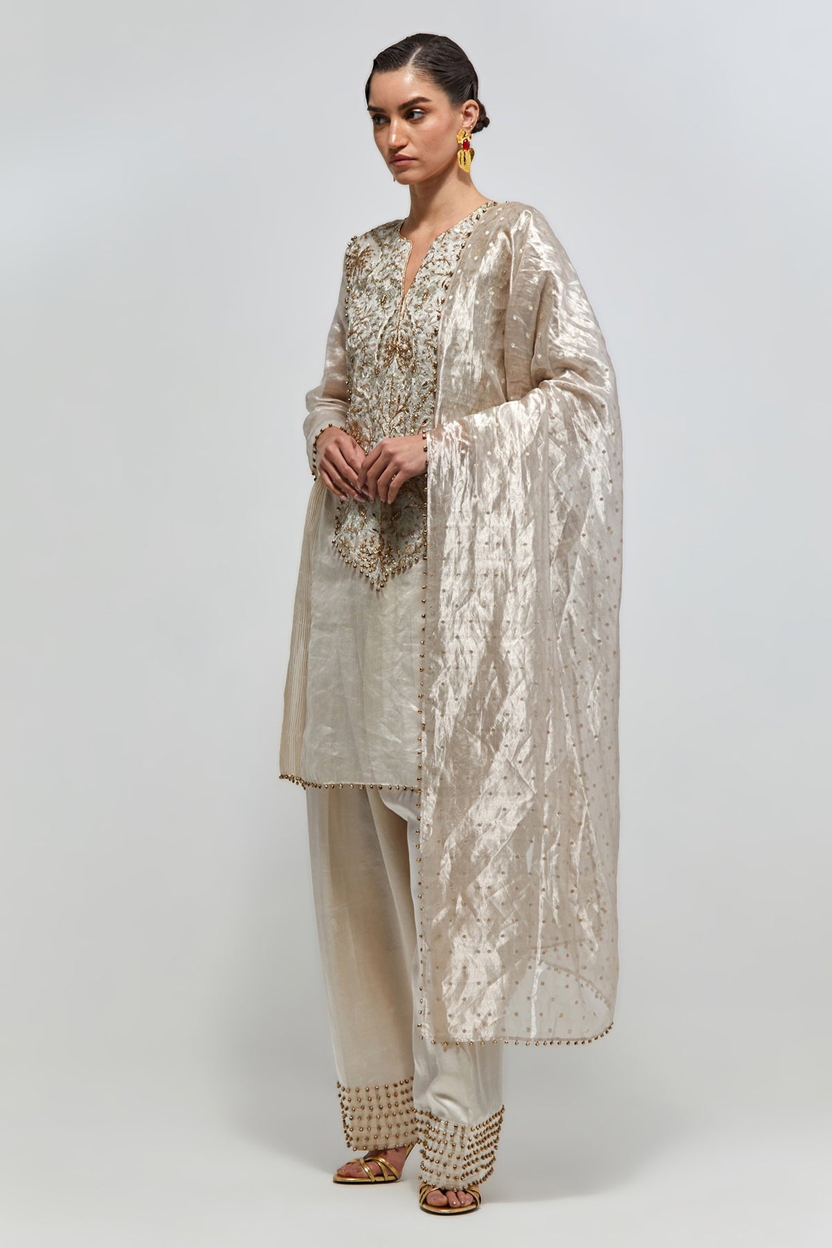 Rangrez Silver Gold Stripe Tissue Embroidered Yoke Kurta With Farshi Salwar And Organza Dupatta