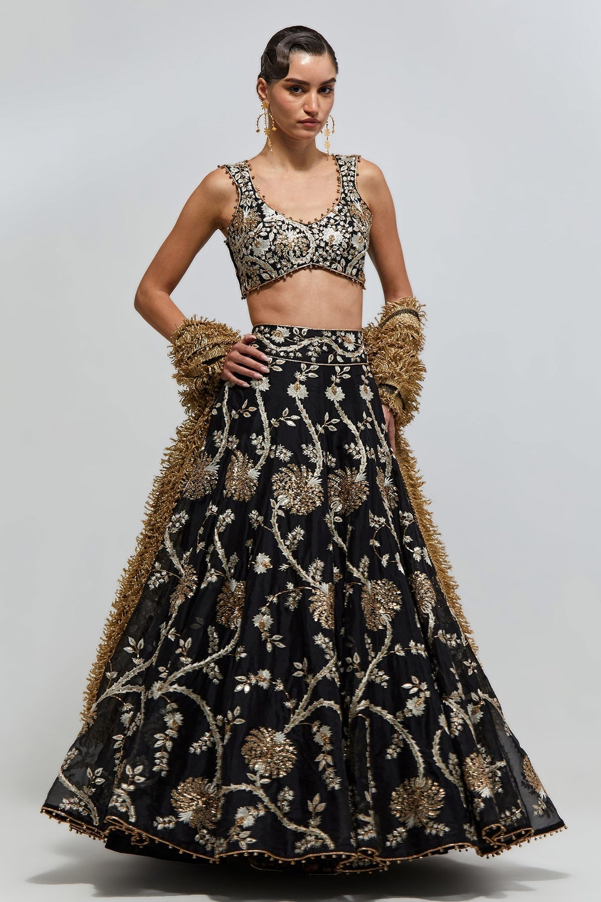 Saher Black Georgette Embroidered Tie Back Choli With Lehenga And Stone Net Laced Dupatta