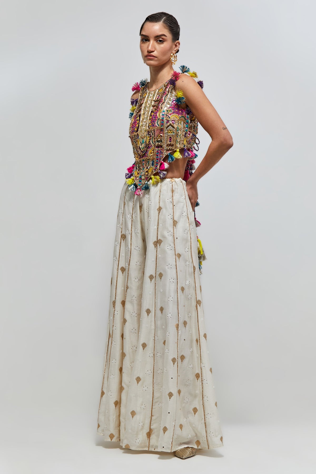 Fez Off-White Georgette Embroidered Choli And Banarasi Silkmul Sharara