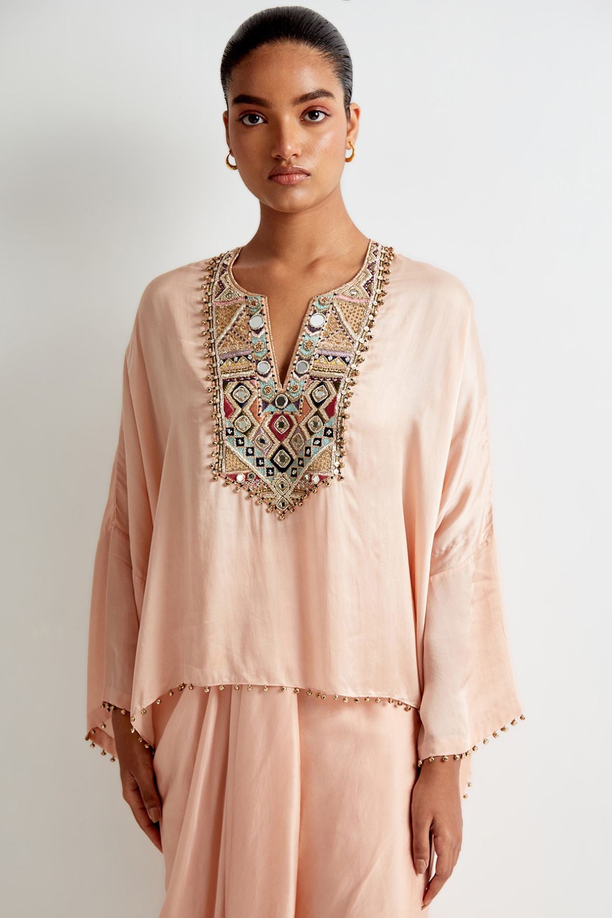 Blush Pink Satin Embroidered Yoke Kaftan Top And Lungi Skirt