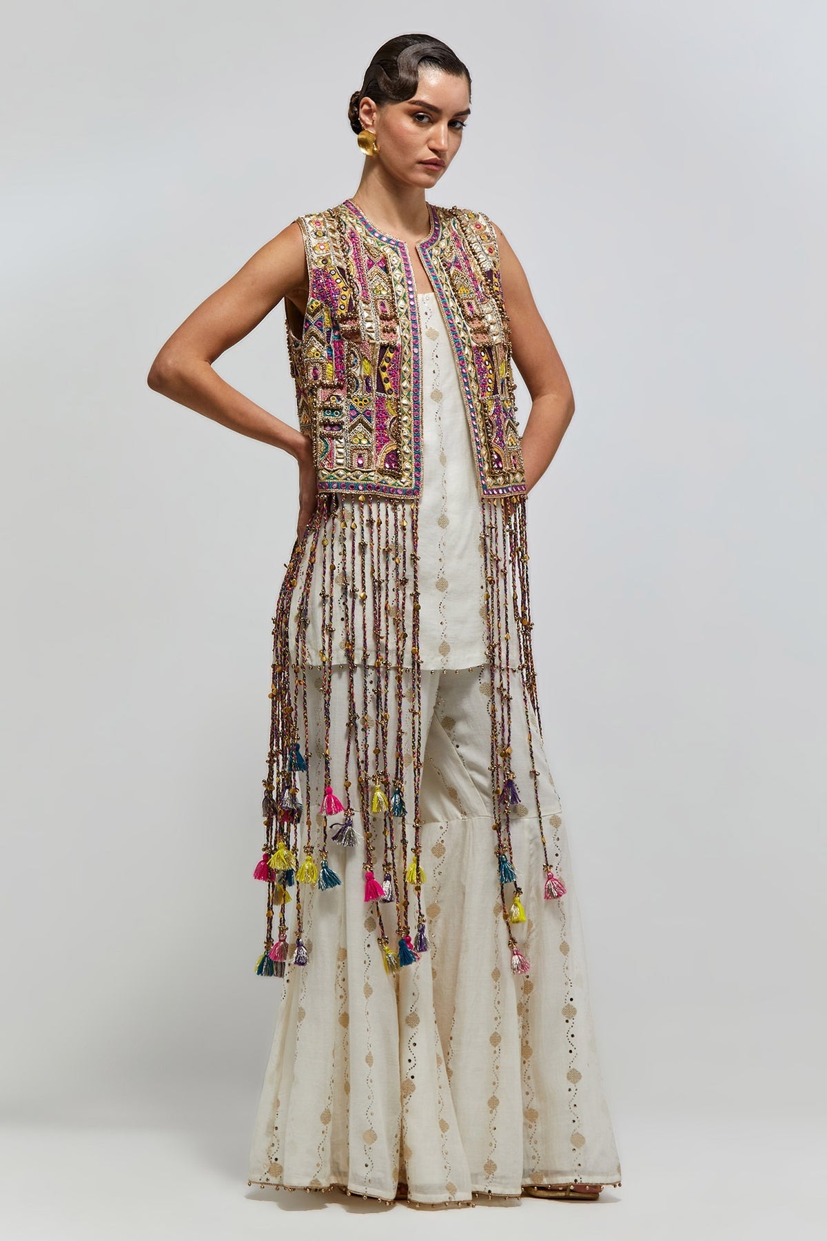 Kashish Off-White Georgette Embroidered Jacket With Short Kurta And Sharara