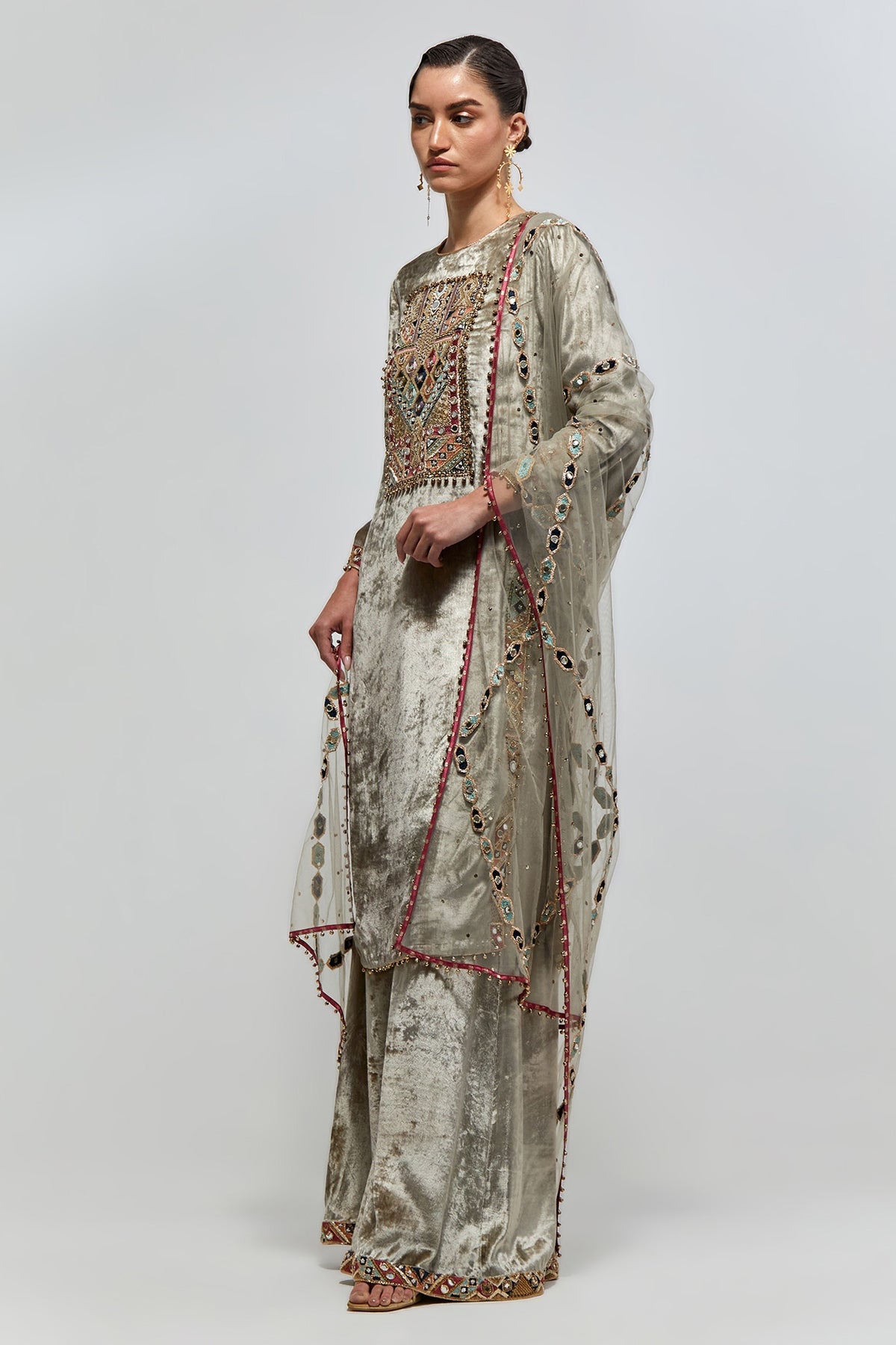 Amira Grey Velvet Embroidered Yoke Kurta With Palazzo And Mukaish Net Dupatta
